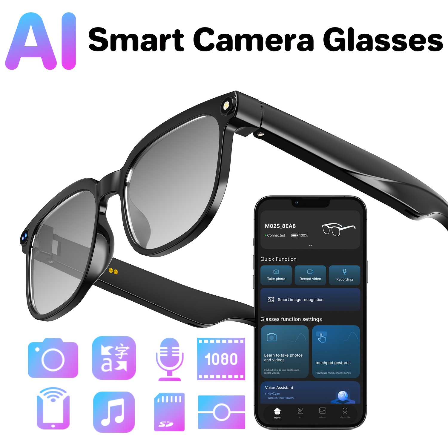 Audio Music Recognition - Smart camera glasses, 8-megapixel HD video