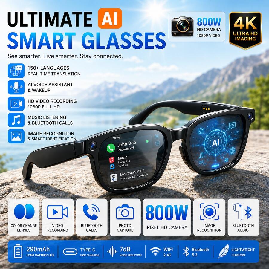 Audio Music Recognition - AI Smart Glasses With 8MP HD